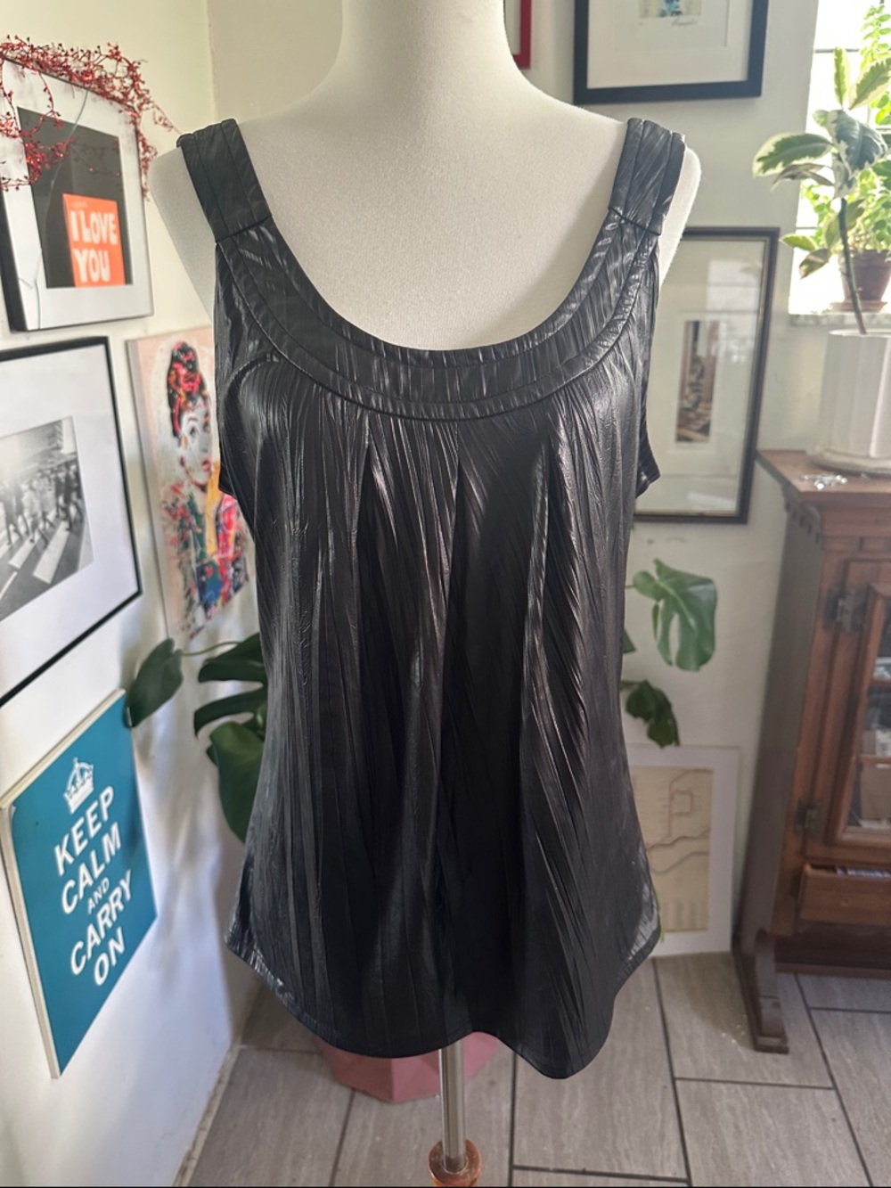 Doncaster Black Leather Look Shimmery Pleated Camisole 8